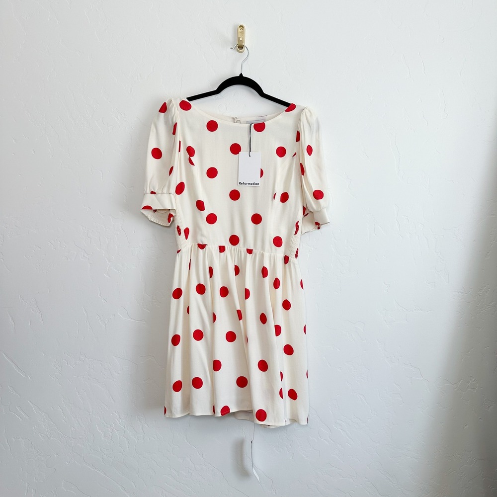 Reformation | NWT Aiyana Polka Dot Puff Sleeve Mini Dress in Carmona Dot - Picture 5 of 9